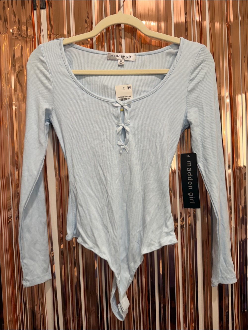 Madden Girl Light Blue Ribbed Lace-Up Long Sleeve Bodysuit